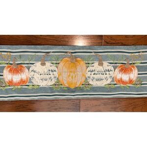 Bountiful Fall Harvest Pumpkins  Embroidered Decorative‎ Table Runner BLUE 72x16